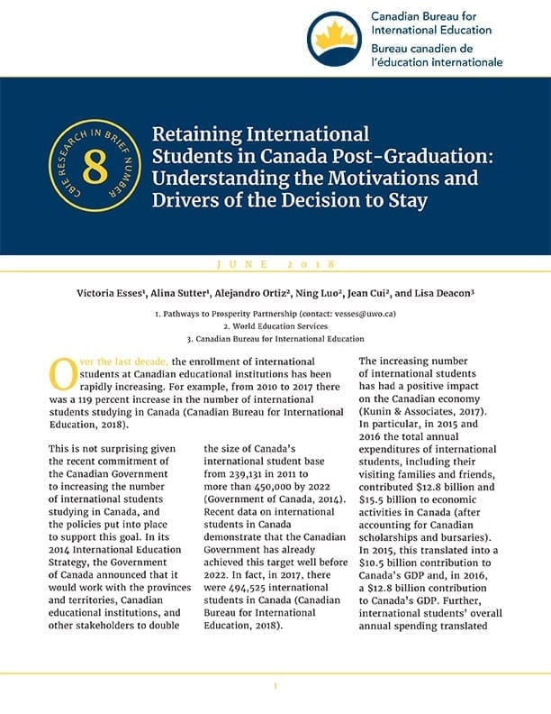 Retaining International Students in Canada Post-Graduation: Understanding the Motivations and Drivers of the Decision to Stay
