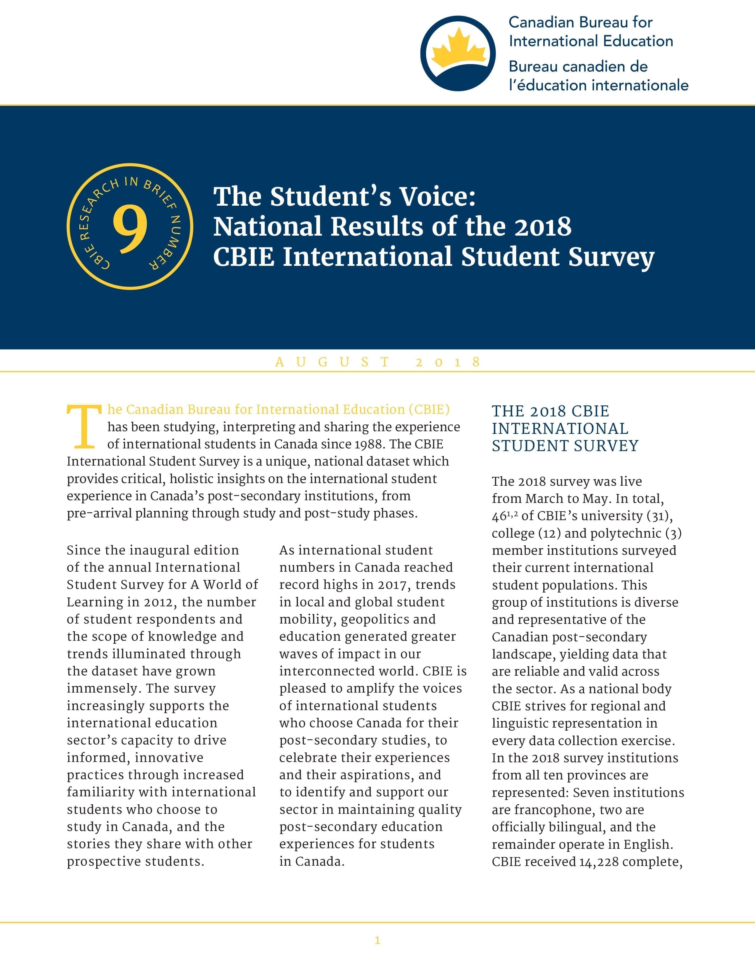 The Student’s Voice: National Results of the 2018 CBIE International Student Survey