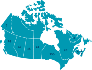 Alberta : 47, Colombie-Britannique : 74, Manitoba 11, Nouveau-Brunswick : 3, Terre-Neuve-et-Labrador : 4, Nouvelle-Écosse : 9, Ontario : 155, Île-du-Prince-Édouard : 3, Québec : 28, Saskatchewan : 15, Yukon : 3