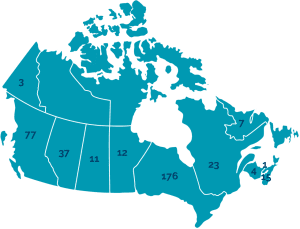 Alberta: 37, British Columbia: 77, Manitoba: 12, New Brunswick: 4, Newfoundland & Labrador: 7, Nova Scotia: 15, Ontario: 176, Prince Edward Island: 1, Quebec: 23, Saskatchewan: 11, Yukon: 3