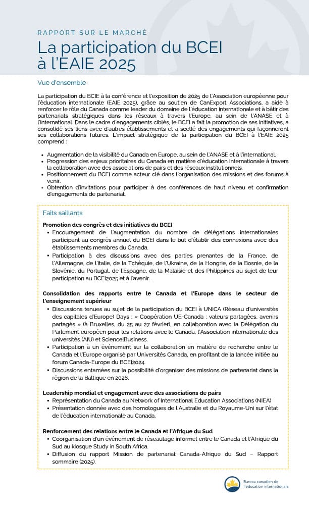 Rapport sur le marché – La participation du BCEI à l’EAIE 2025